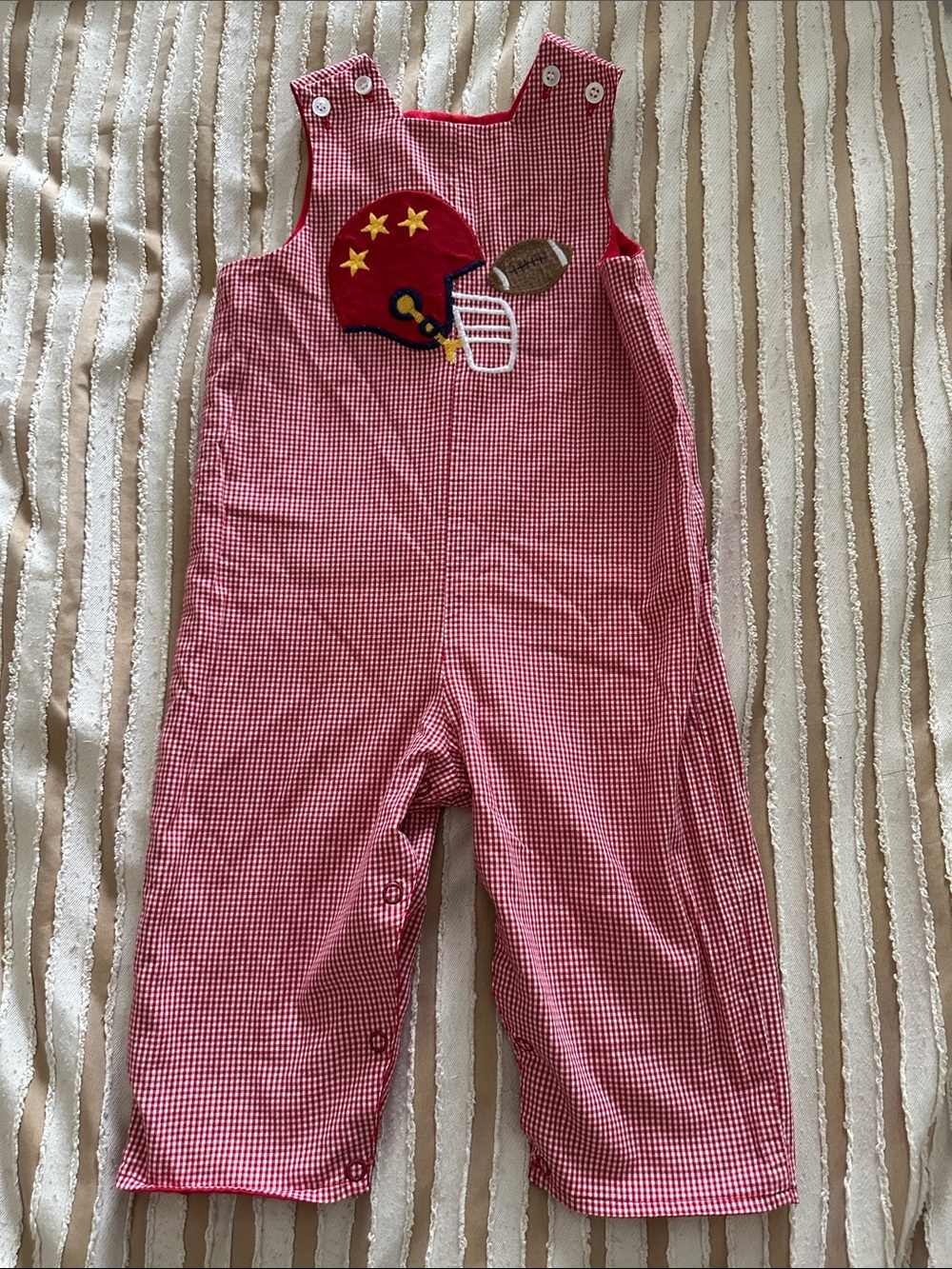Red Gingham Football/Train Appliqué Kids reversible Overalls